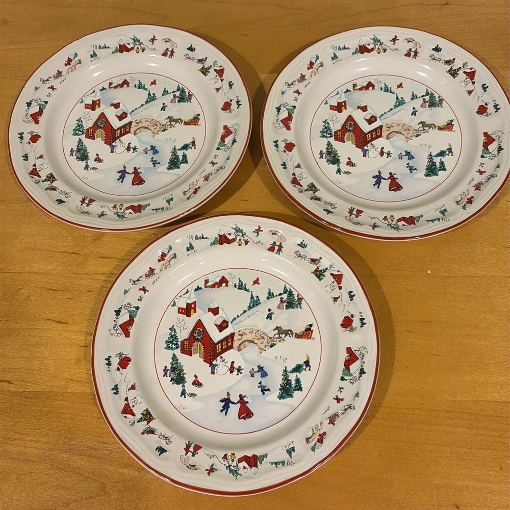 Vintage Old White Christmas Farm House Town Farberware 7.5" BREAD PLATE Set 3